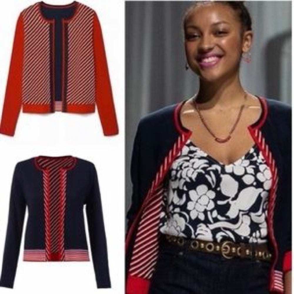 CAbi Faye Deadline Reversible Navy Red White Striped Cardigan Sweater